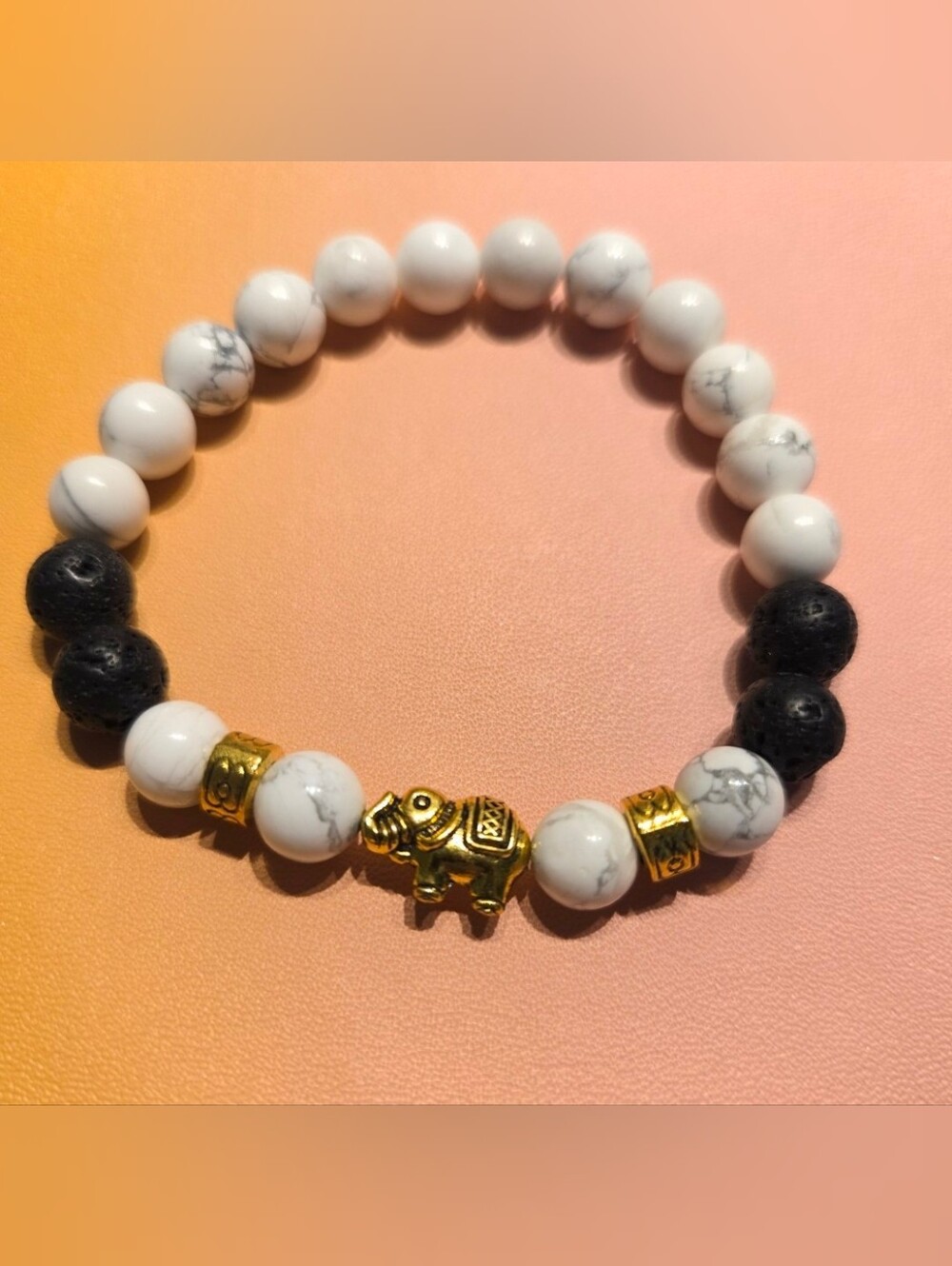 NEW White Turquoise & Lava Stone Beaded Elephant Stretch Bracelet w Gold Accents